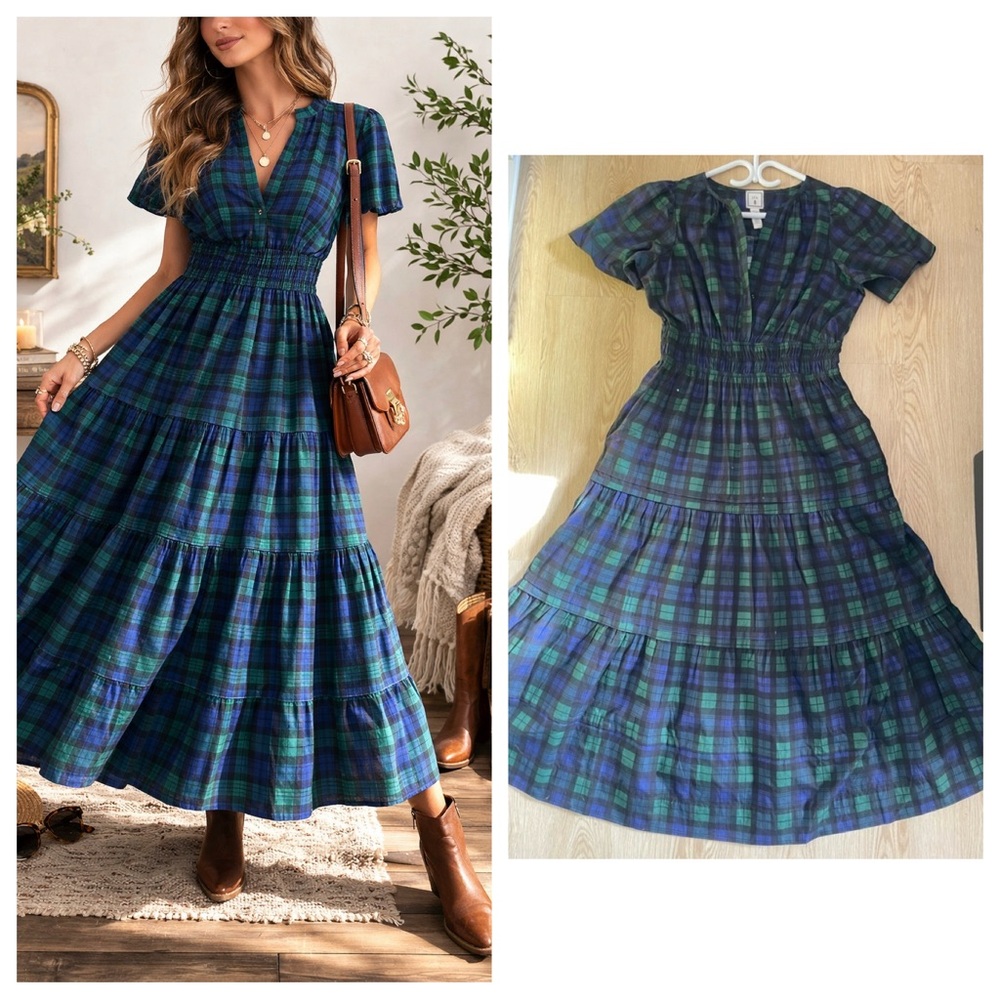 Green Blue Plaid Maxi Dress M Preppy Classic Quiet Luxury Cotton Tiered